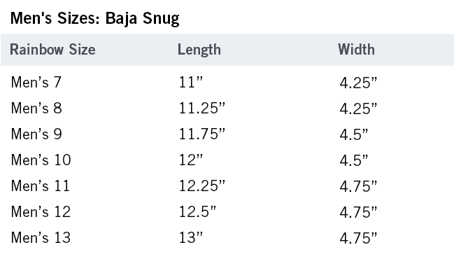 Baja Snugs sizing chart