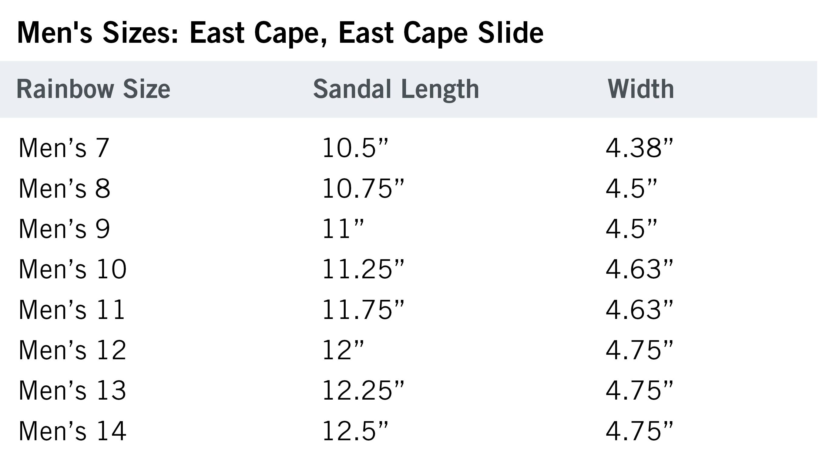 East Cape & East Cape Slide sizing chart