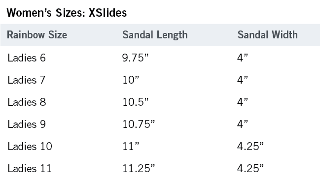 Women's XSlides sizing chart