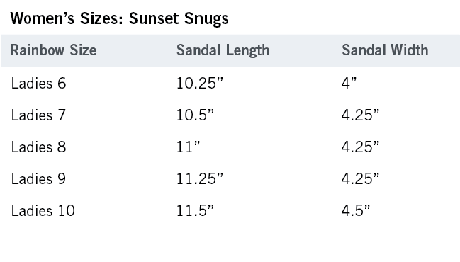 Sunset Snugs sizing chart